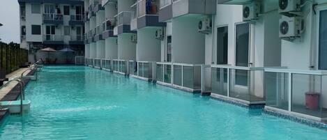 Outdoor pool, pool umbrellas, pool loungers