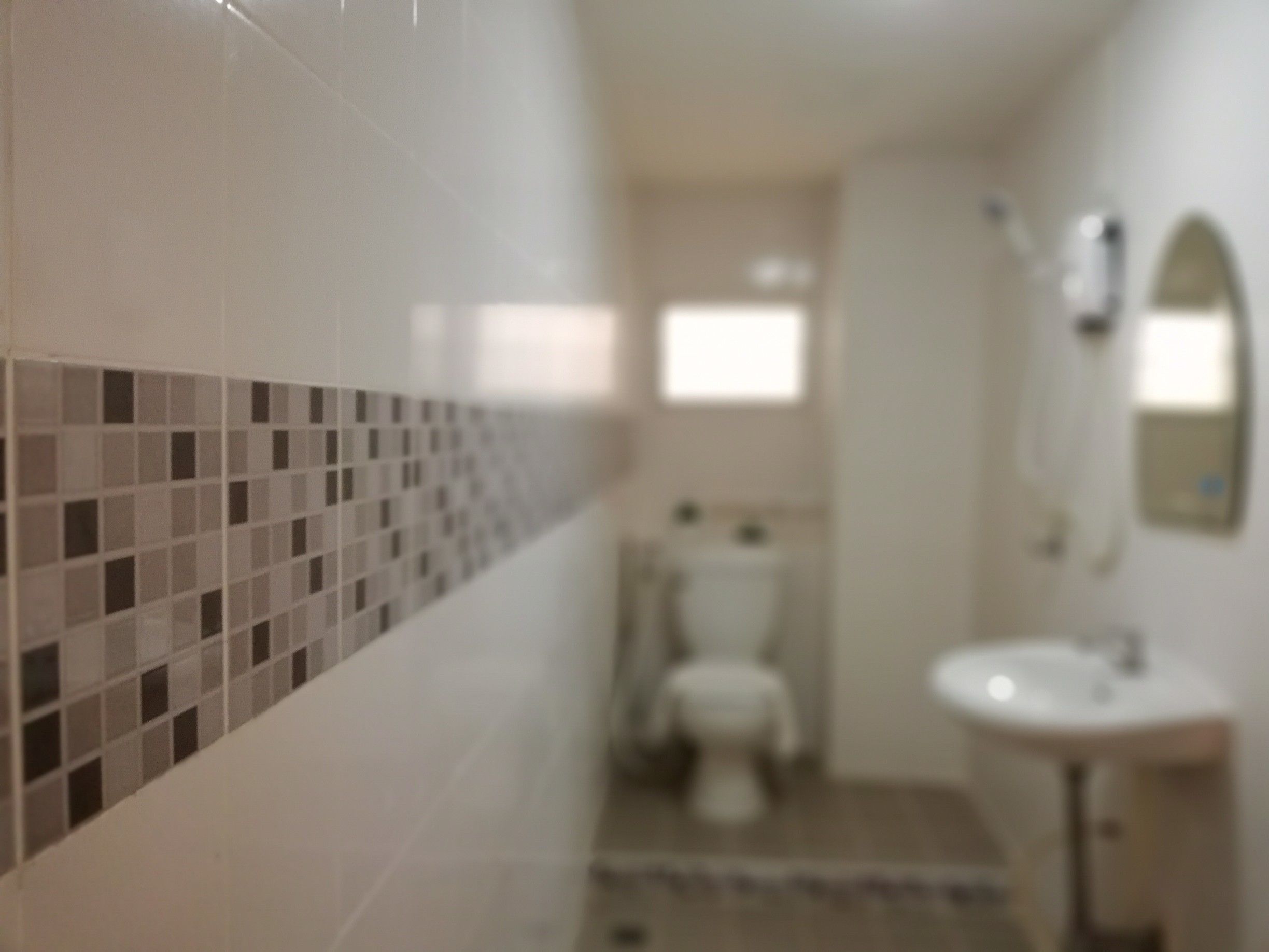 A narrow bathroom with a tiled wall, a toilet, and a sink.
