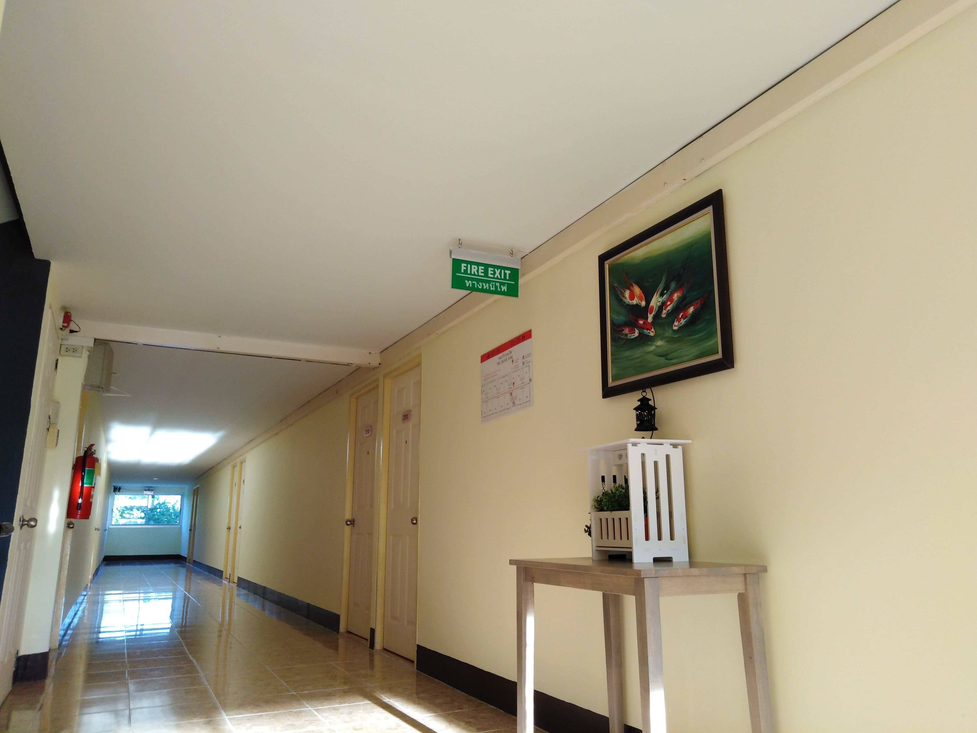 A hallway with a fire exit sign, a calendar, and a framed fish painting.
