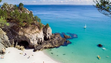 On the beach, sun loungers