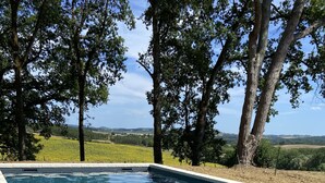 Una piscina rectangular con agua azul cristalina, rodeada por una terraza con baldosas y árboles.
