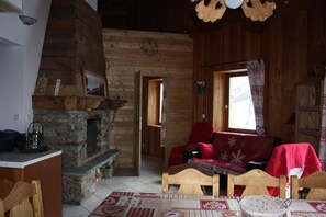 TV, fireplace, books