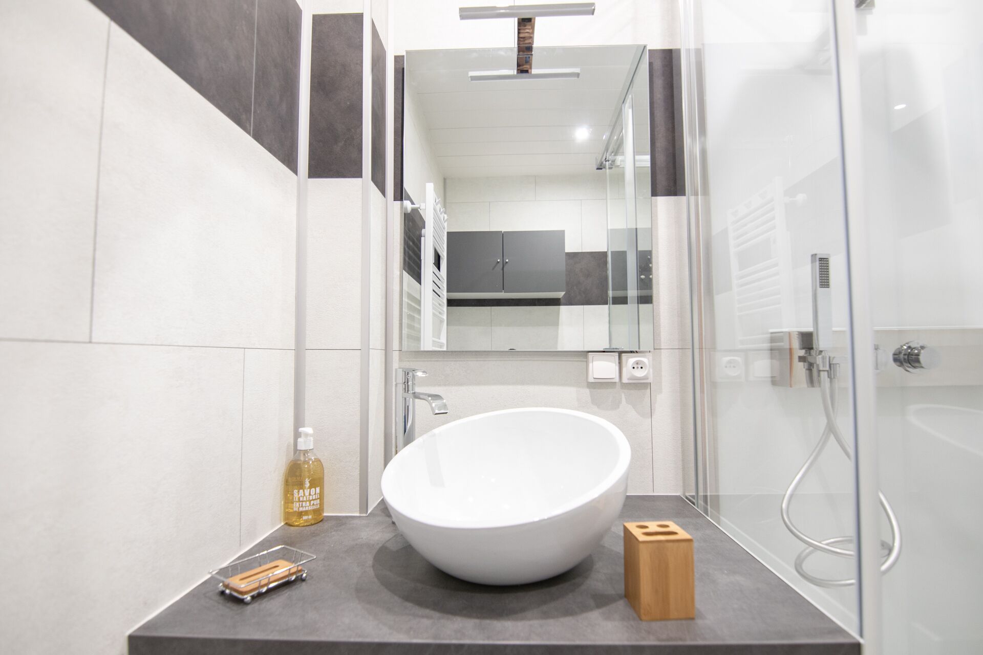 Shower, hair dryer, towels