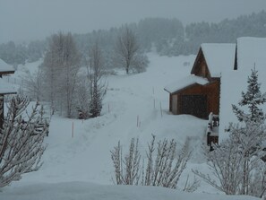 Een besneeuwd landschap met een houten hutje en een bos op de achtergrond.