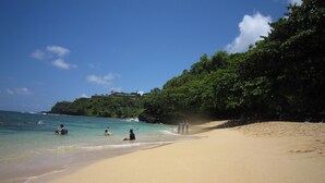 Une plage à l’eau claire, un rivage sablonneux et une végétation luxuriante sur le flanc de la colline.