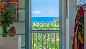 Un balcon avec vue sur l’océan, une plante en pot et un objet décoratif accroché au mur.