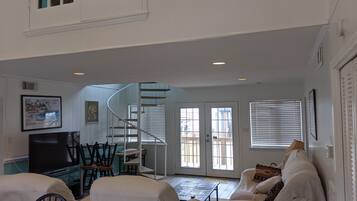 Smart TV, fireplace, books