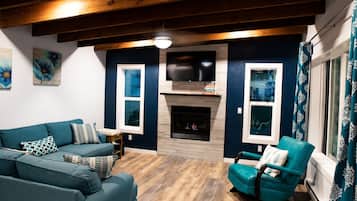 Smart TV, fireplace, books