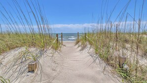 Sentiero sabbioso che conduce all'oceano, delimitato da erba alta e pali di legno.