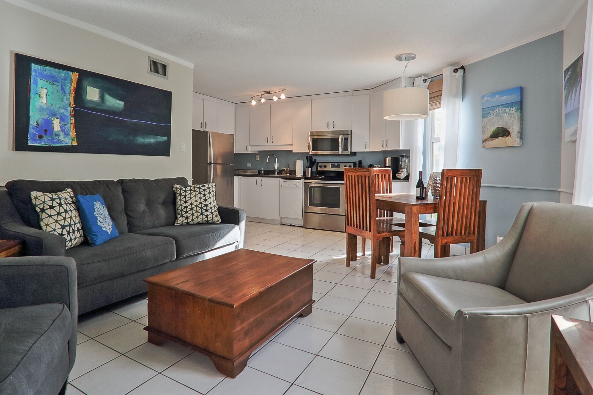 Una Smart TV, un reproductor de DVD, libros, una biblioteca de música