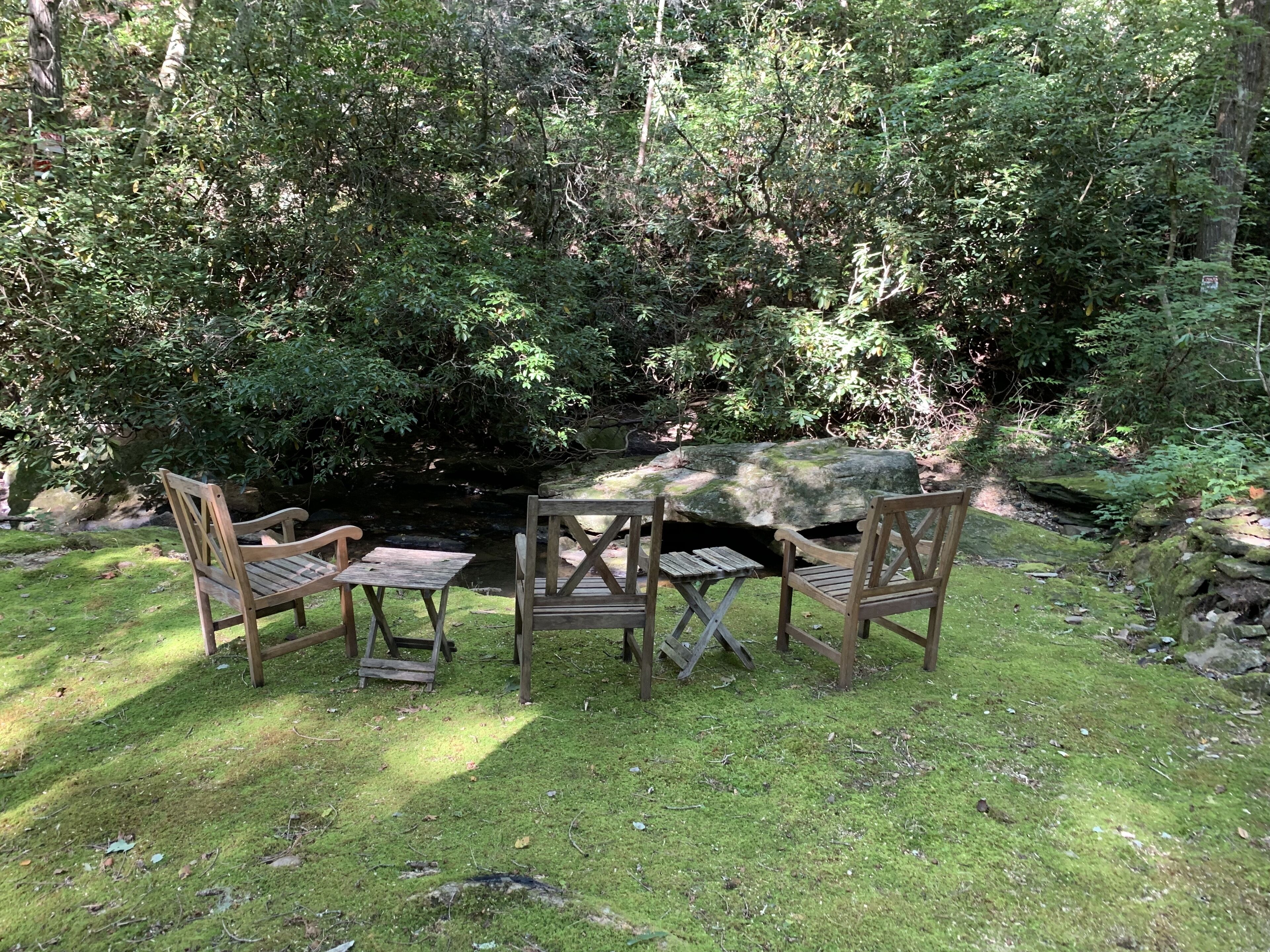 Une table de pique-nique avec quatre chaises, située dans un espace herbeux, entourée d’arbres denses.