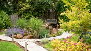 A garden with a wooden pathway, various plants, and a rustic fire pit area. - Multnomah Gem - Beautiful, pampering, mins to downtown Portland (Portland)