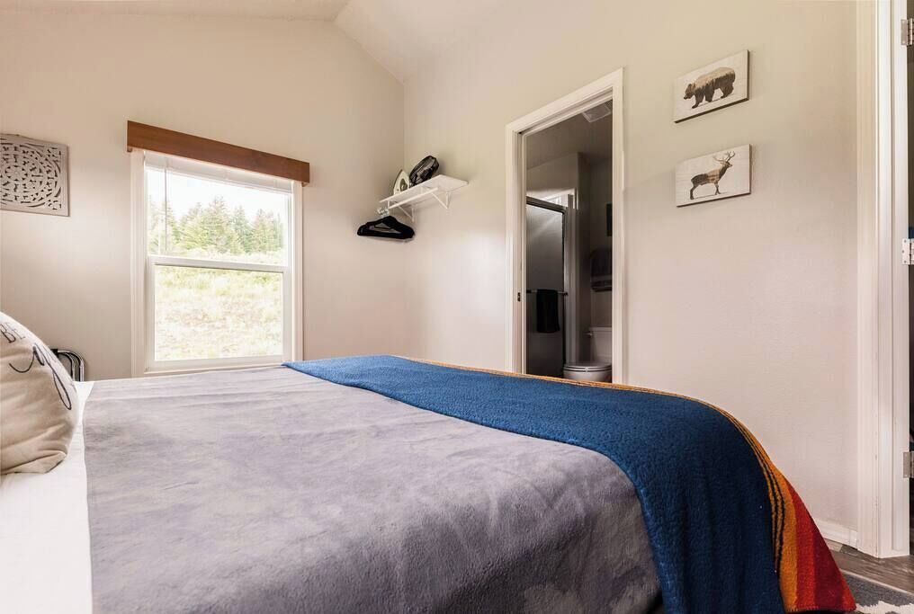 A bedroom with a bed, a window, a door, and wall art.