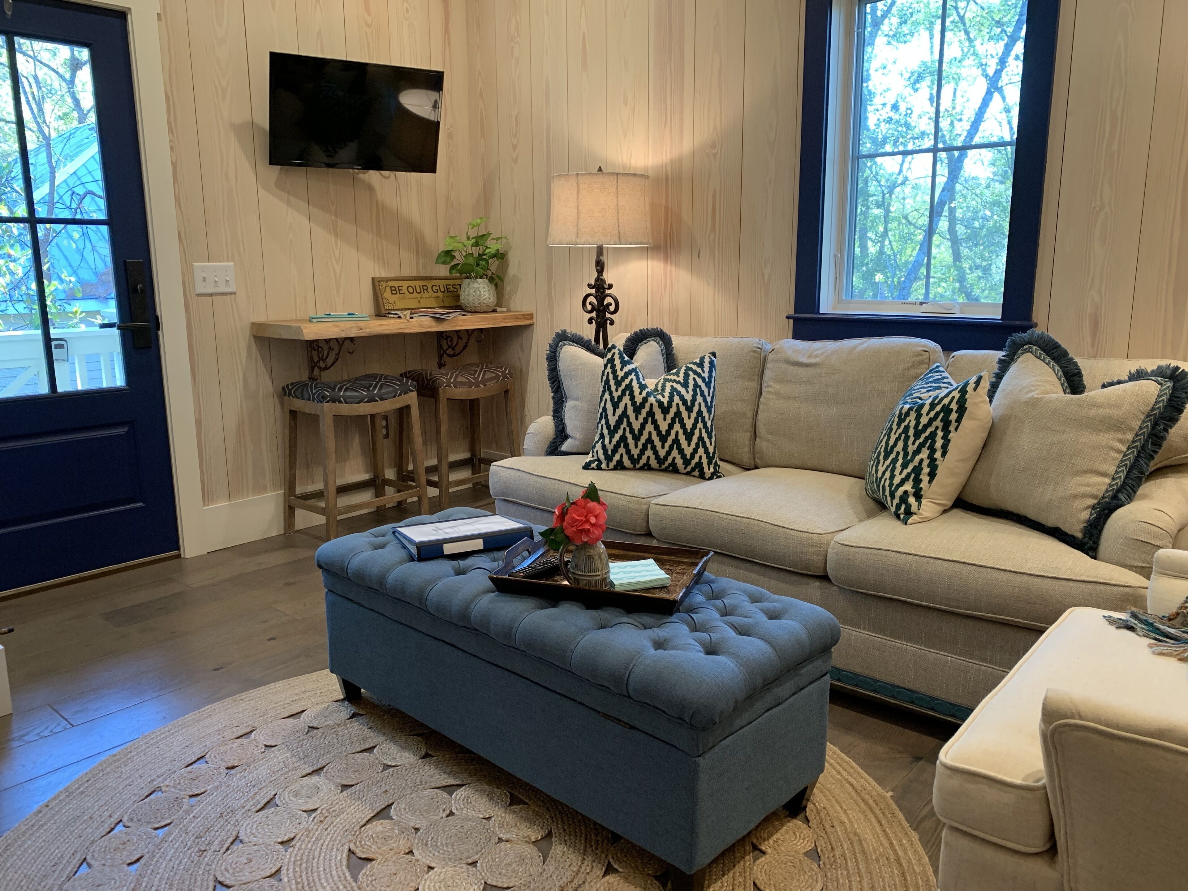 Smart TV, fireplace, books