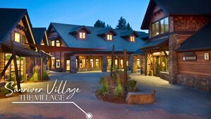 A lodge with multiple buildings, a central courtyard, and a sign labeled "BREWHOUSE". - Sunriver Gem - SHARC Pass |  Hot Tub |  Fireplace (Bend)
