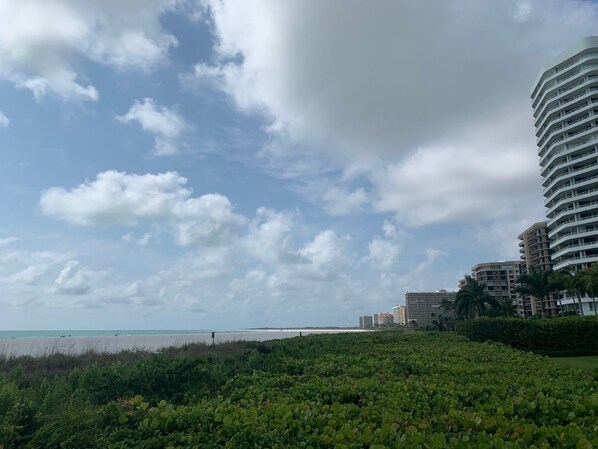 A coastal view with a beach, ocean, and a modern high-rise building. - Direct Gulf Of America Views! (Marco Island)