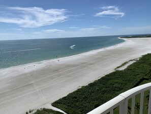 On the beach, sun loungers, beach towels