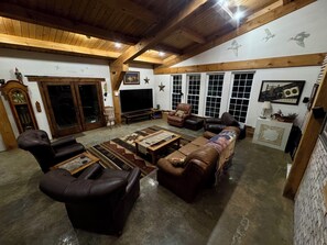 Smart TV, fireplace, video games, DVD player