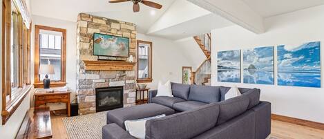 Télévision, cheminée, livres