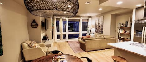 Smart TV, fireplace, books, music library