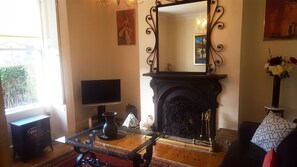 TV connectée, cheminée, livres, médiathèque