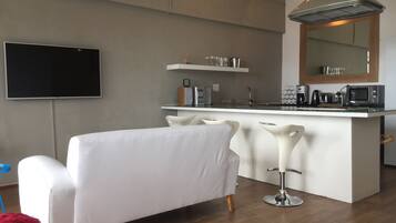 Luxury Studio, 1 King Bed with Sofa bed, City View | Living area | DVD player