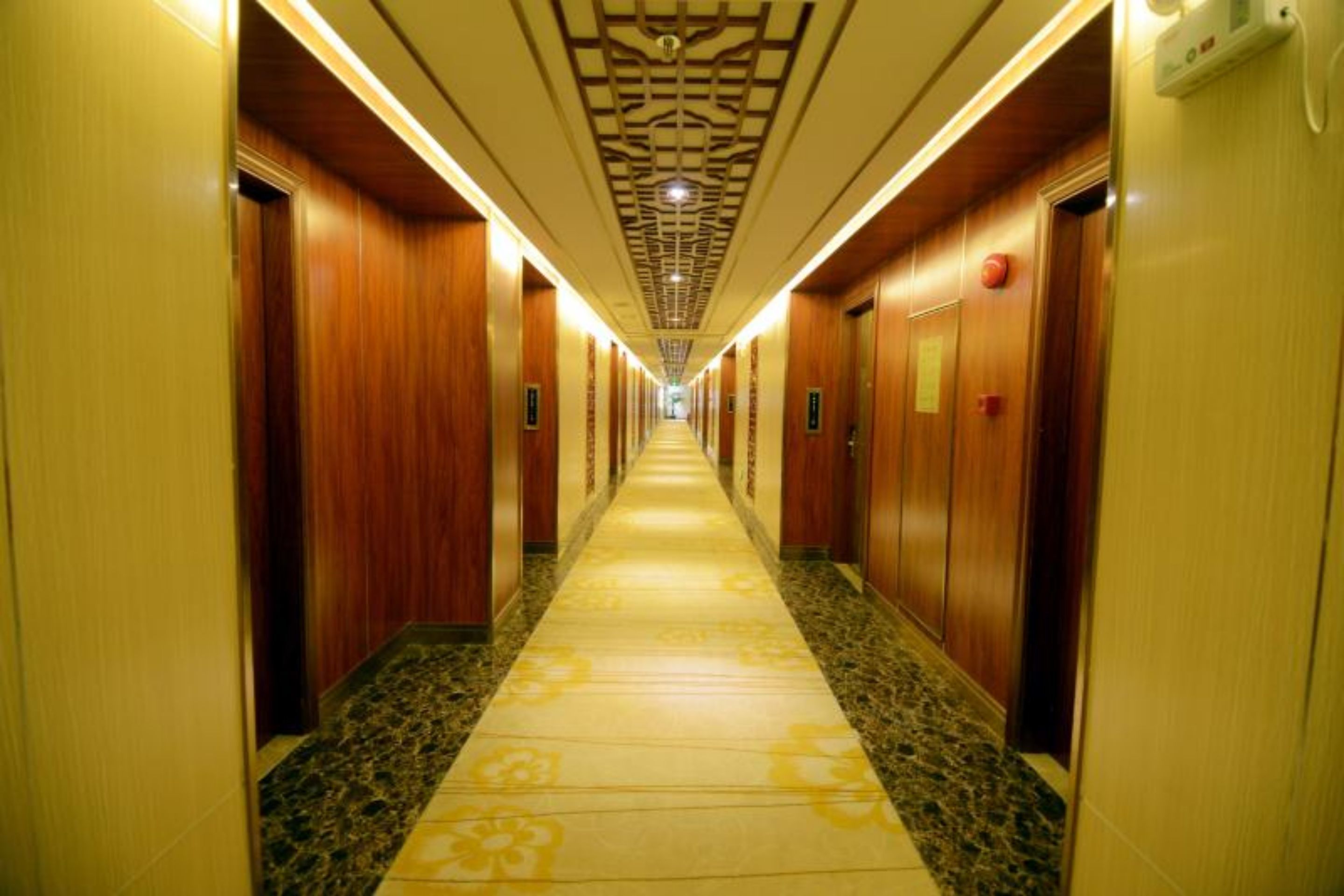 A hotel hallway with wooden doors, a patterned carpet, and a ceiling with a geometric design.
