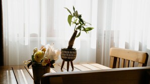 A wooden table with a potted plant and a vase of flowers. - Azra Apart & Otel (Gökçeada)