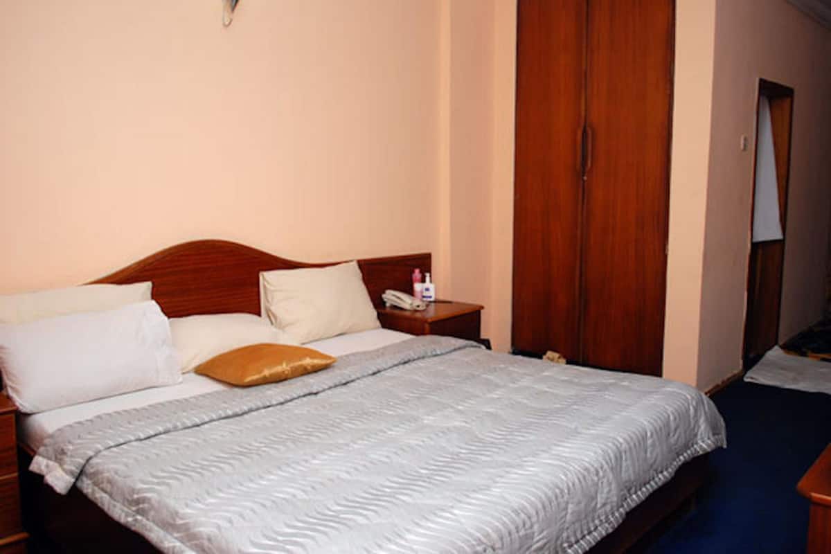 Hotelkamer met een groot bed, houten hoofdbord, nachtkastje met telefoon en toiletartikelen, en een garderobe.