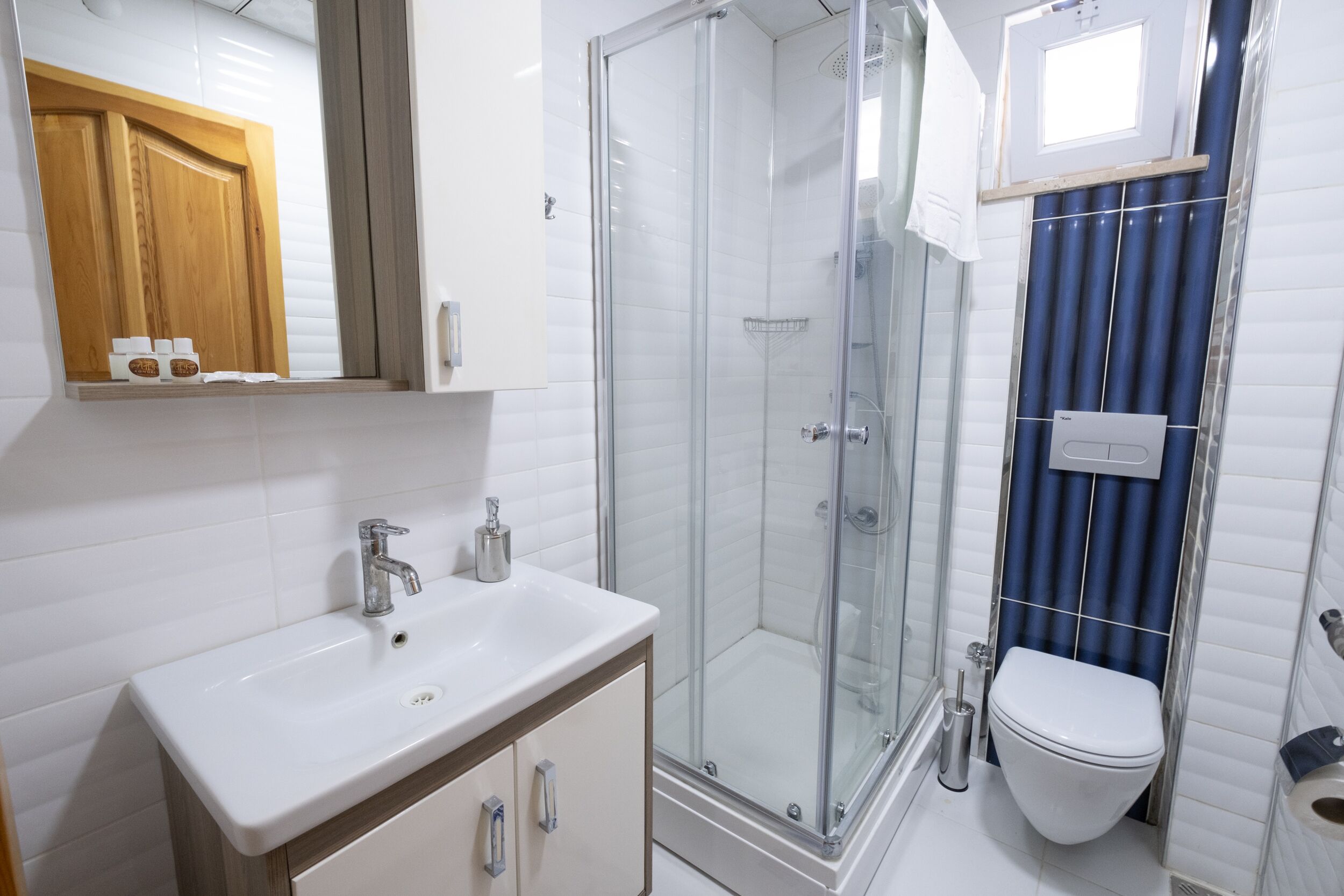 A modern bathroom with a glass-enclosed shower, a white sink, and a toilet.