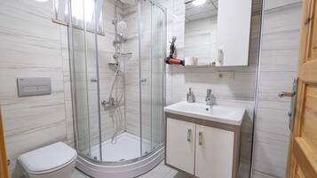 Un baño moderno con ducha de vidrio, inodoro blanco, lavabo con espejo y un mueble de madera.