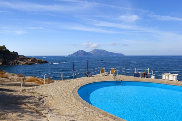 Outdoor pool, pool umbrellas, pool loungers