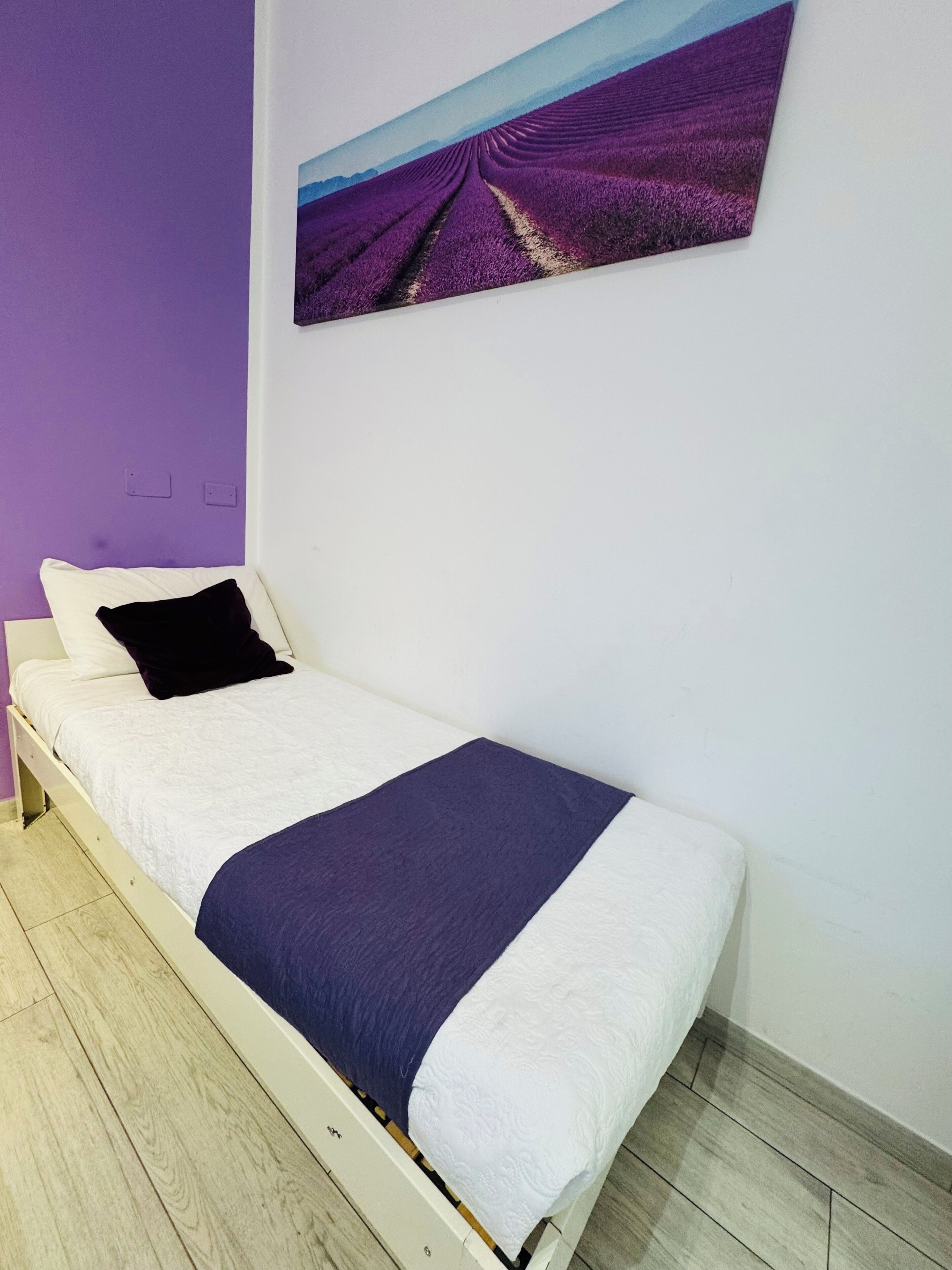 A single bed with a white and purple bedspread, a black pillow, and a wall-mounted painting of a purple field.