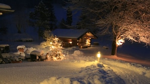 A snow-covered landscape with a wooden cabin illuminated by lights, surrounded by trees and snow-covered plants. - Hotel Seeblick (Bad Reichenhall)