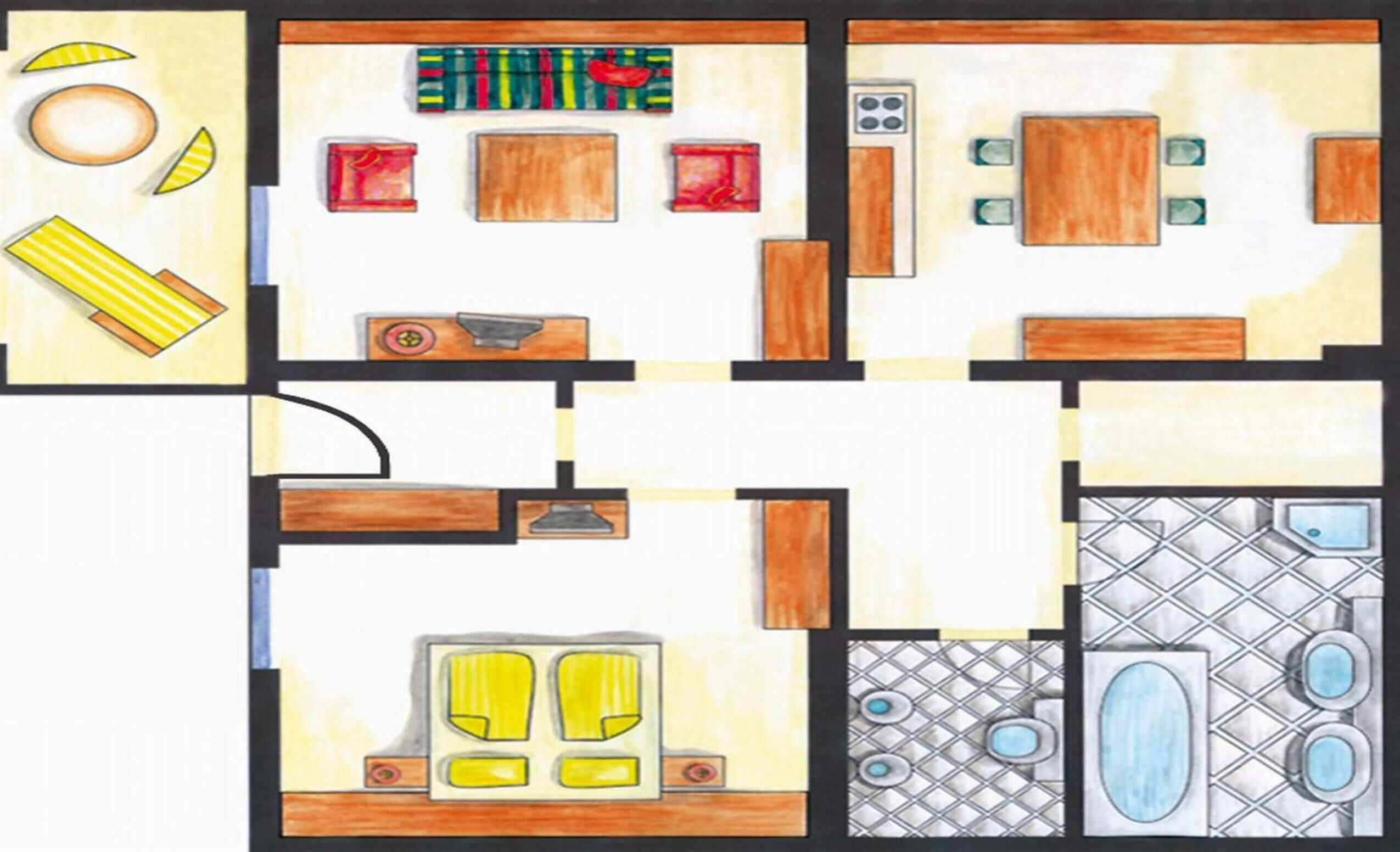 A floor plan of a hotel with a kitchen, dining area, and two bedrooms.