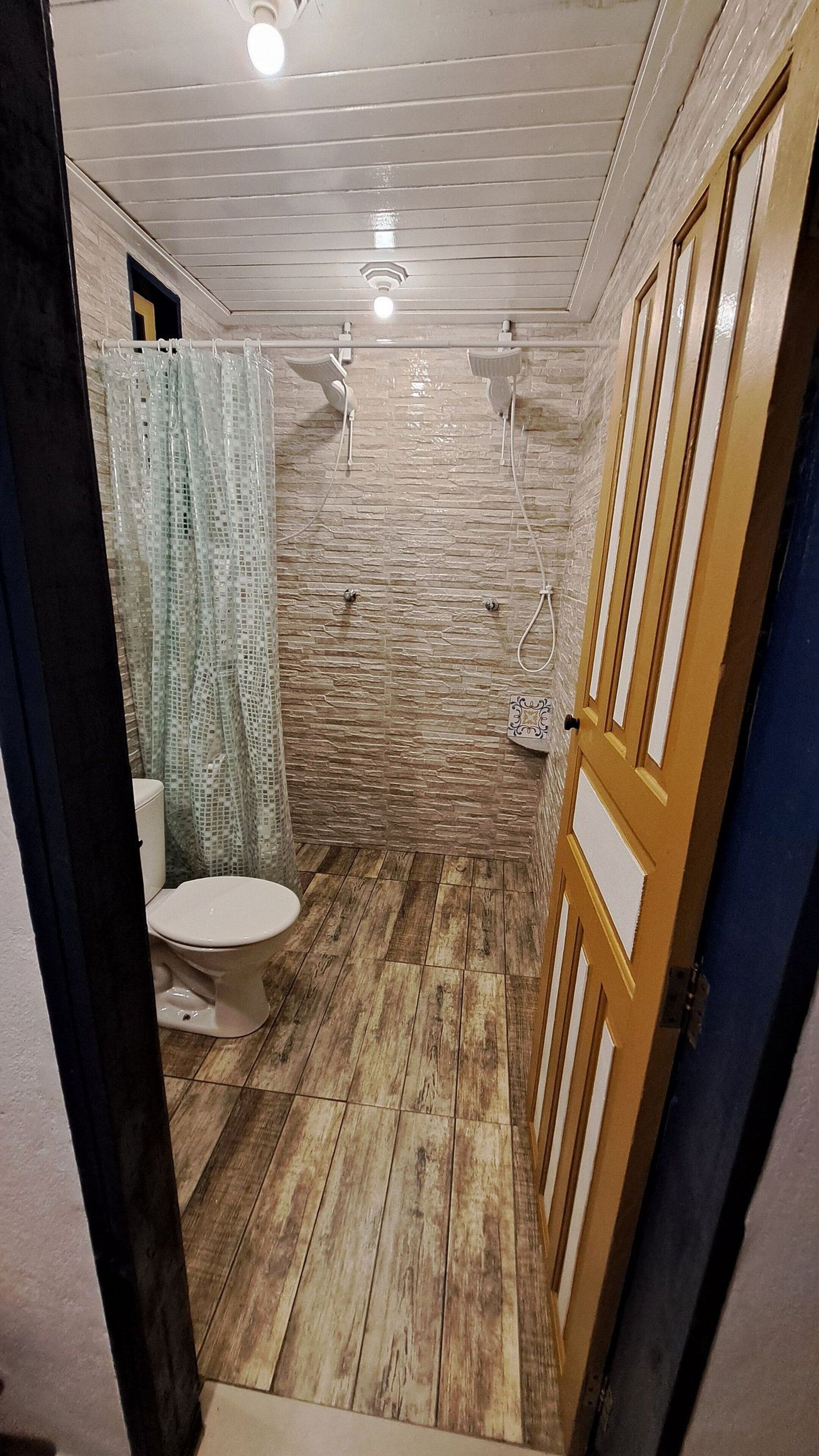 A bathroom with a shower, toilet, and a decorative wall.