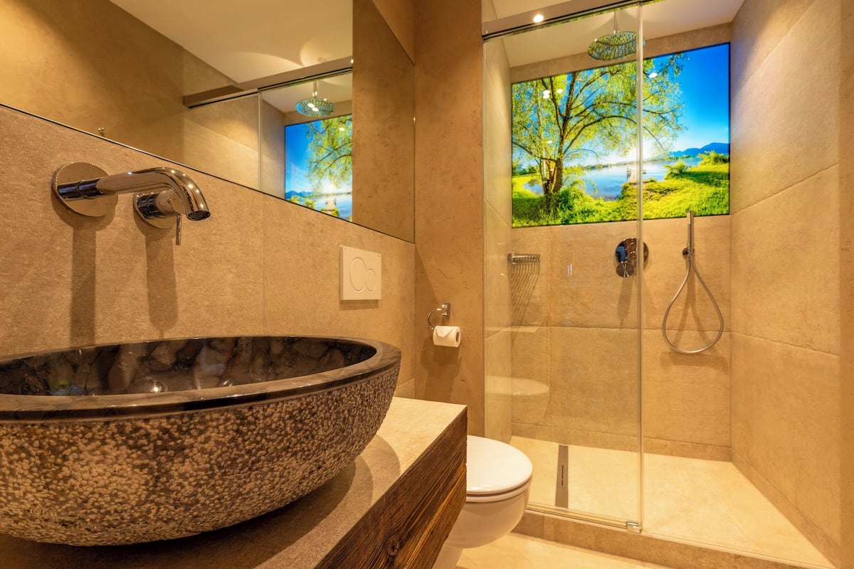 A modern bathroom with a large stone sink, a toilet, and a glass-enclosed shower.