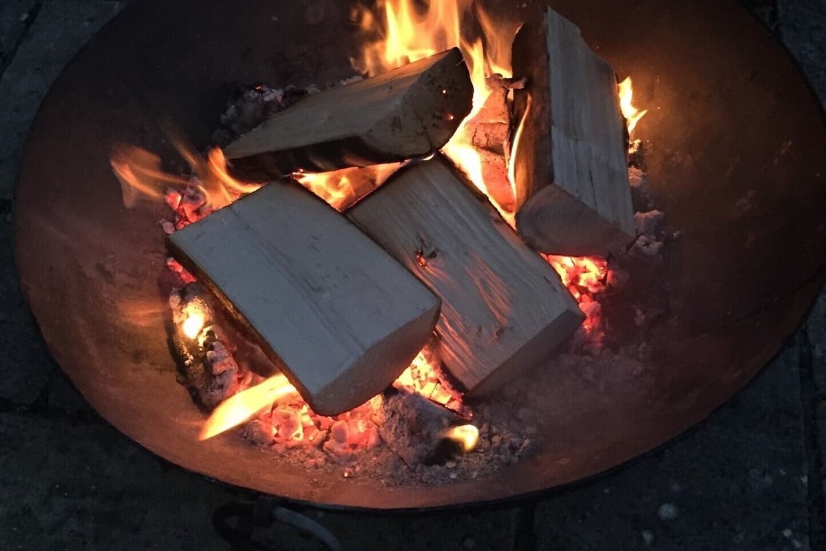 A fire pit with burning logs.