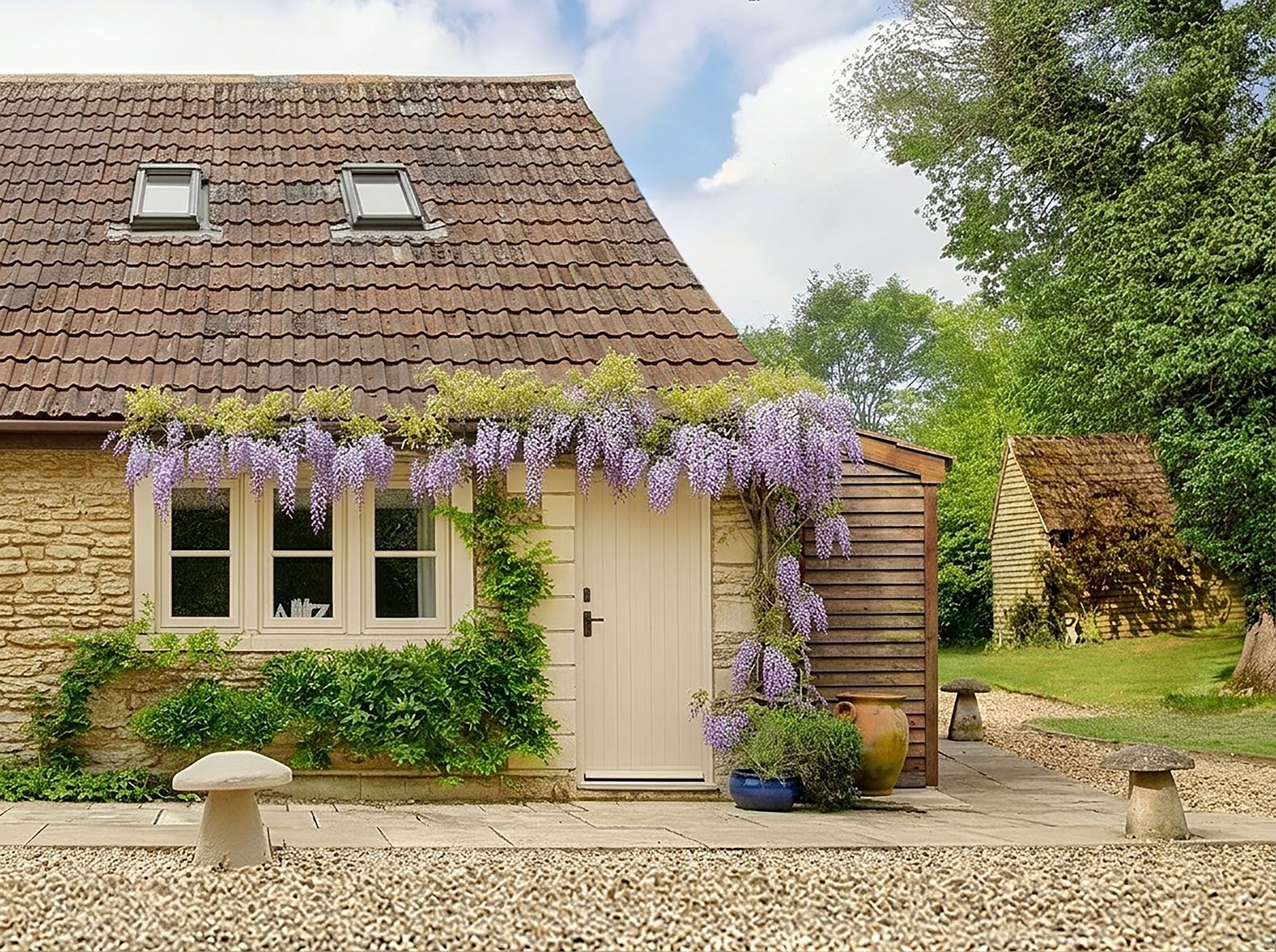 Une maison avec une façade en pierre, un toit en tuiles et un petit jardin agrémenté d’un banc et d’une plante en pot.