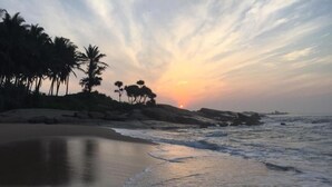 Una playa con palmeras y un atardecer.