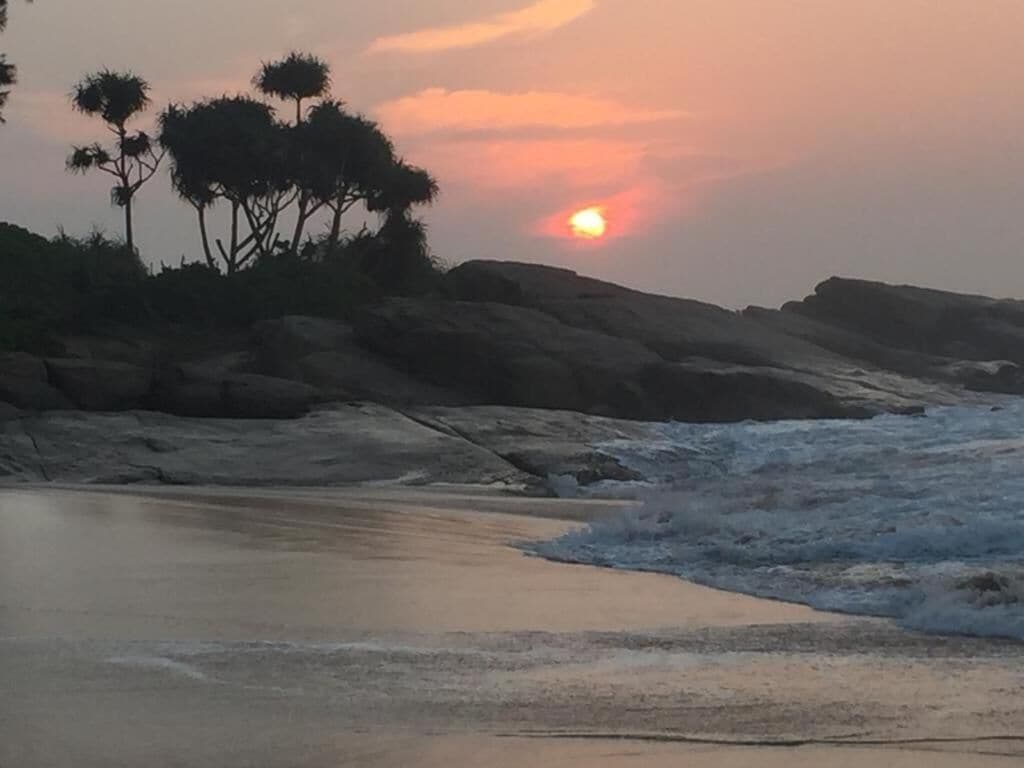 A beach with a sunset, rocky shoreline, and sparse vegetation.