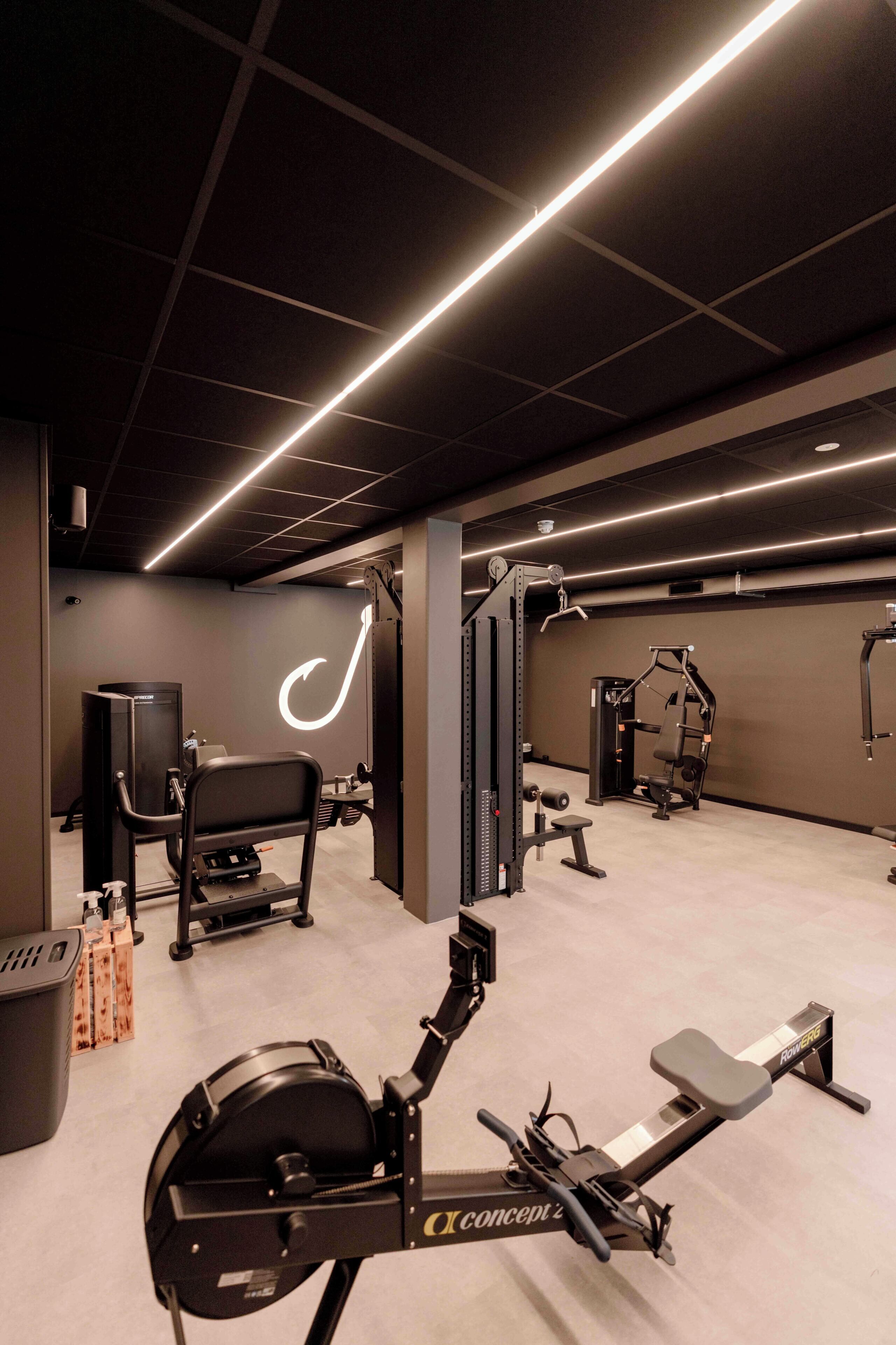A gym with exercise equipment, a rowing machine, and a wall-mounted pull-up bar.