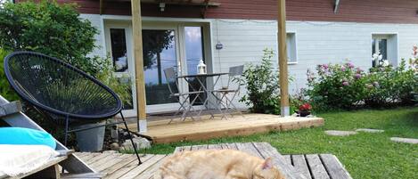 Una terraza de madera con un gato acostado, rodeada por un jardín con macetas y una casa al fondo.