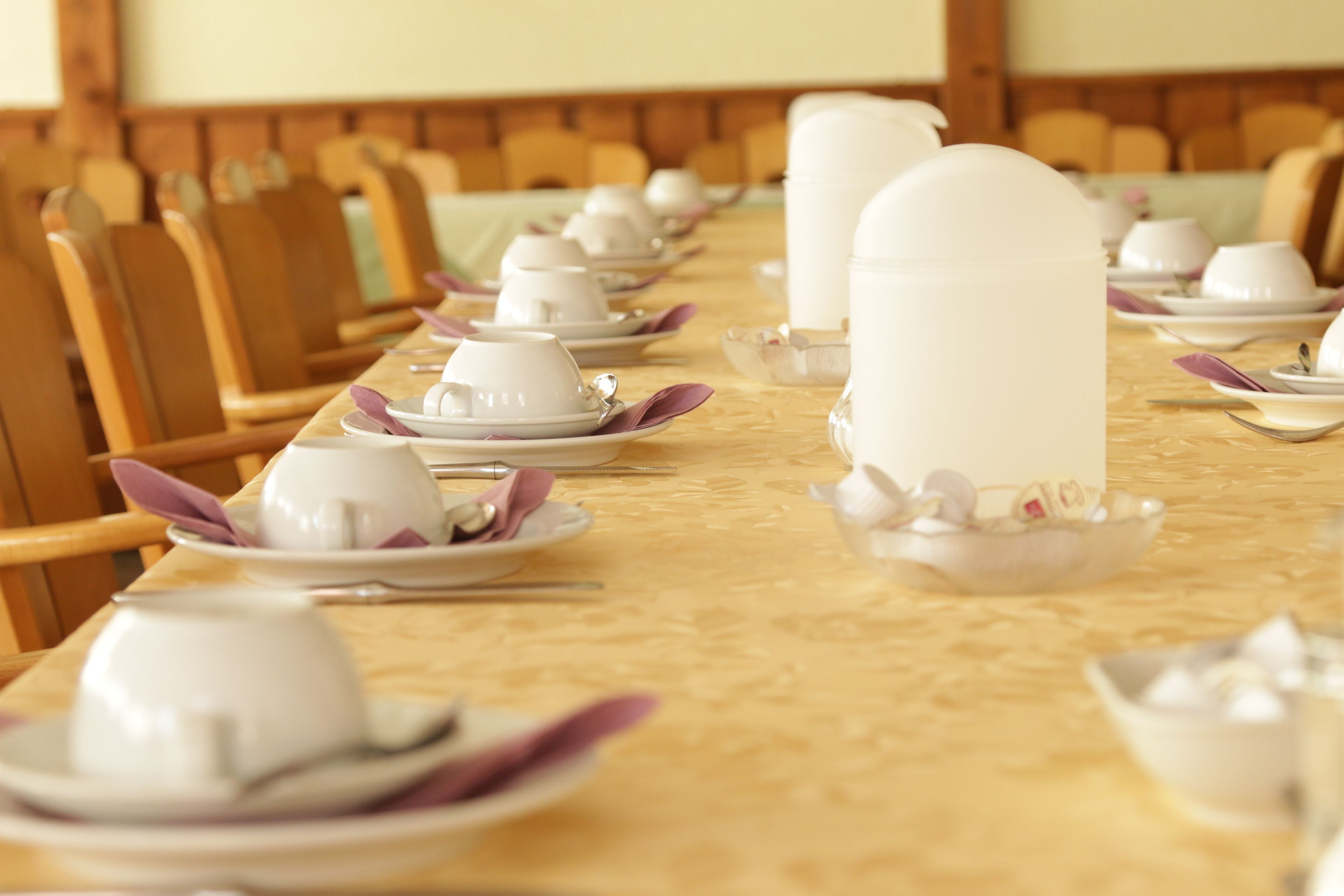 Una mesa de comedor dispuesta con teteras y tazas blancas, organizadas en filas, junto a sillas de madera.