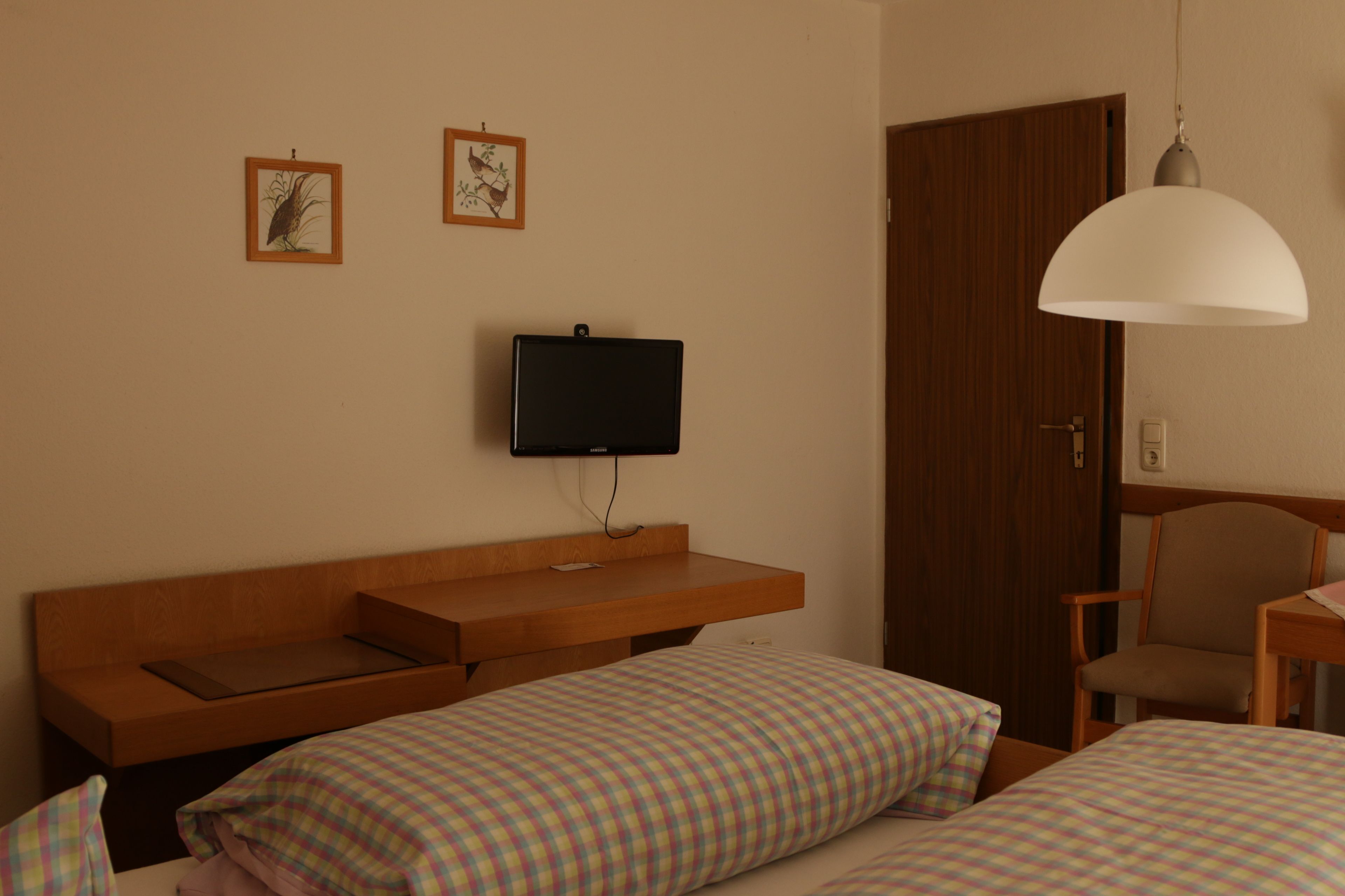 A hotel room with a wooden bed, a desk, a chair, a television, and two framed pictures on the wall.