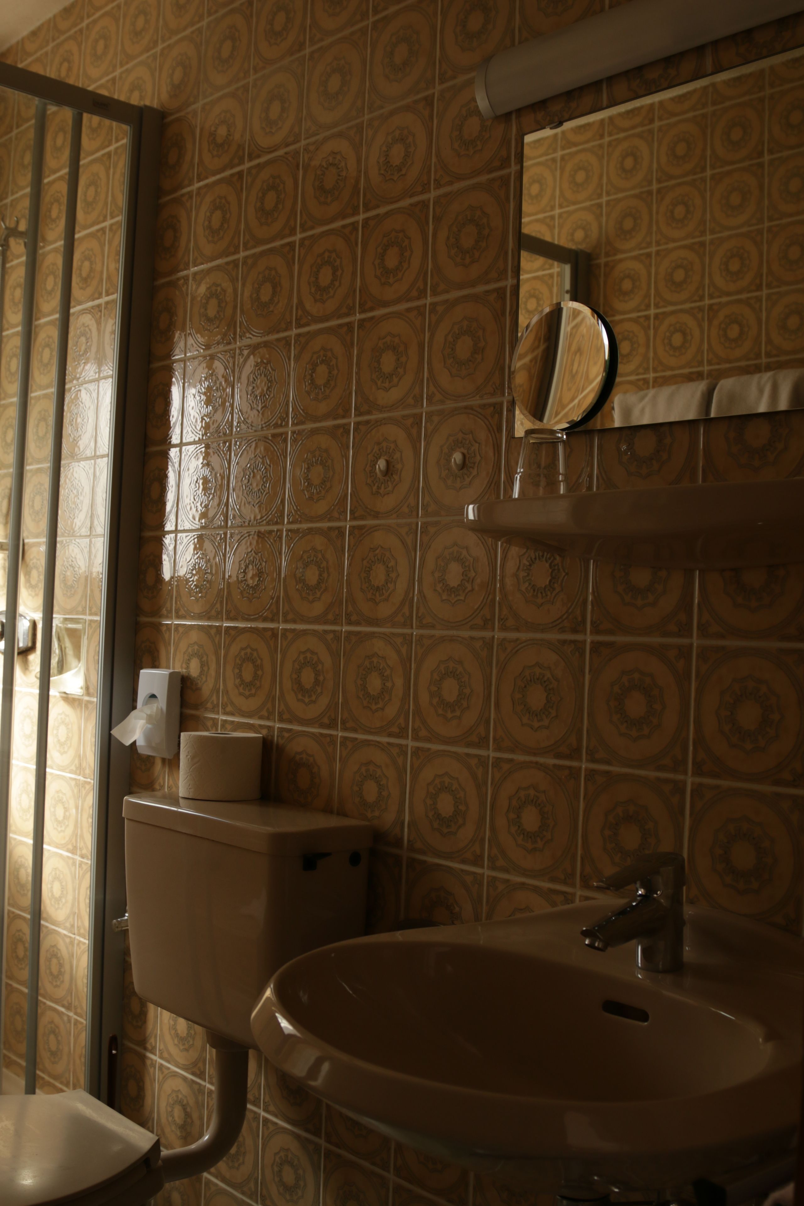 A bathroom with patterned tiles, a toilet, a sink, and a mirror.