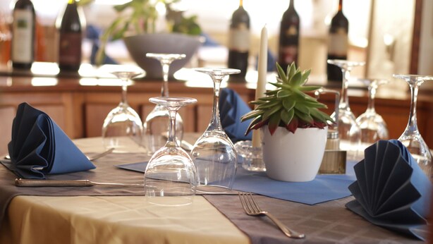 A table set for dining with wine glasses, a potted plant, and a candle. - Hotel-Ristorante Ätna (Ulrichstein)