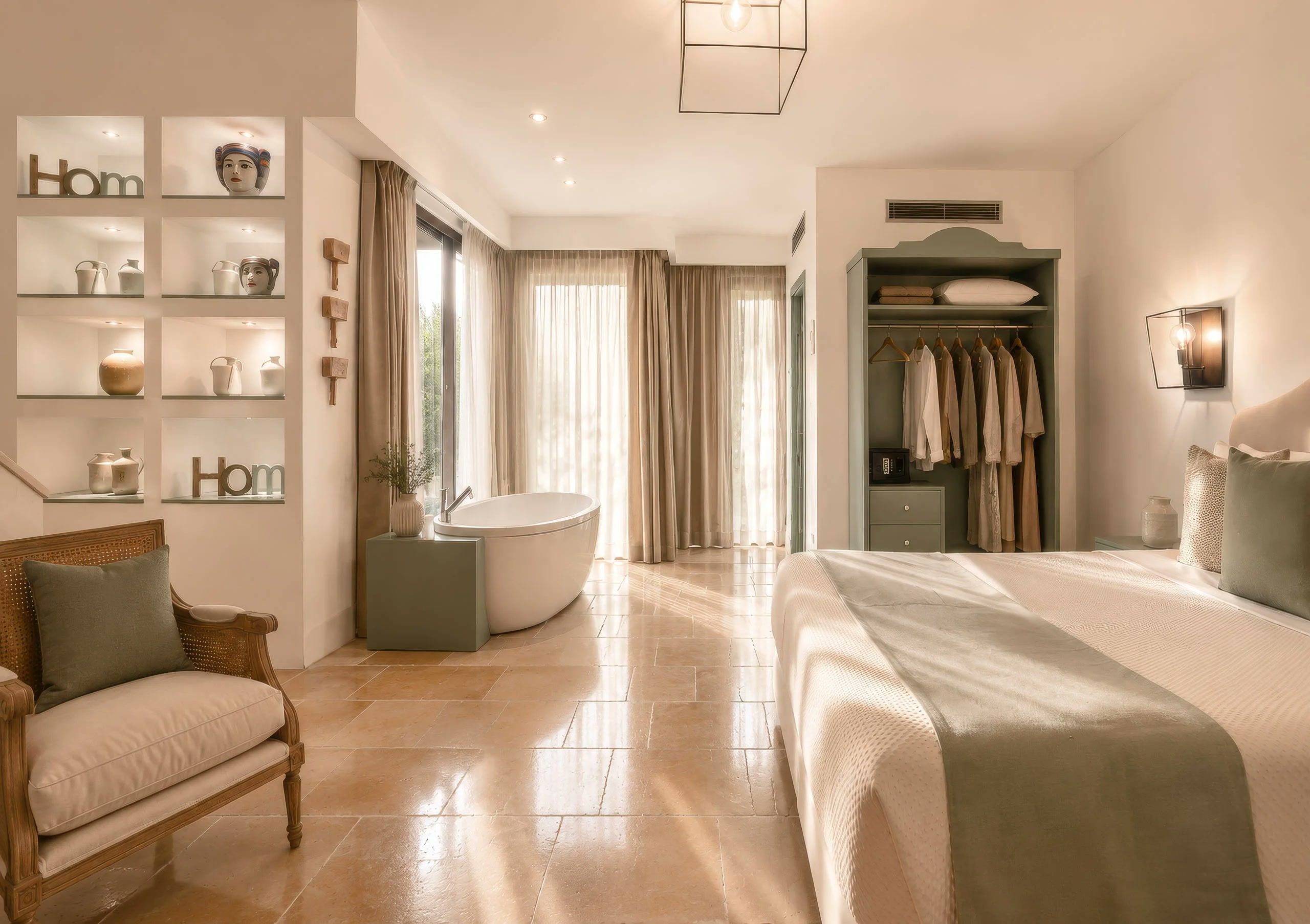 Quarto de hotel com cama, uma cadeira, toucador com espelho, banheira e guarda-roupa.