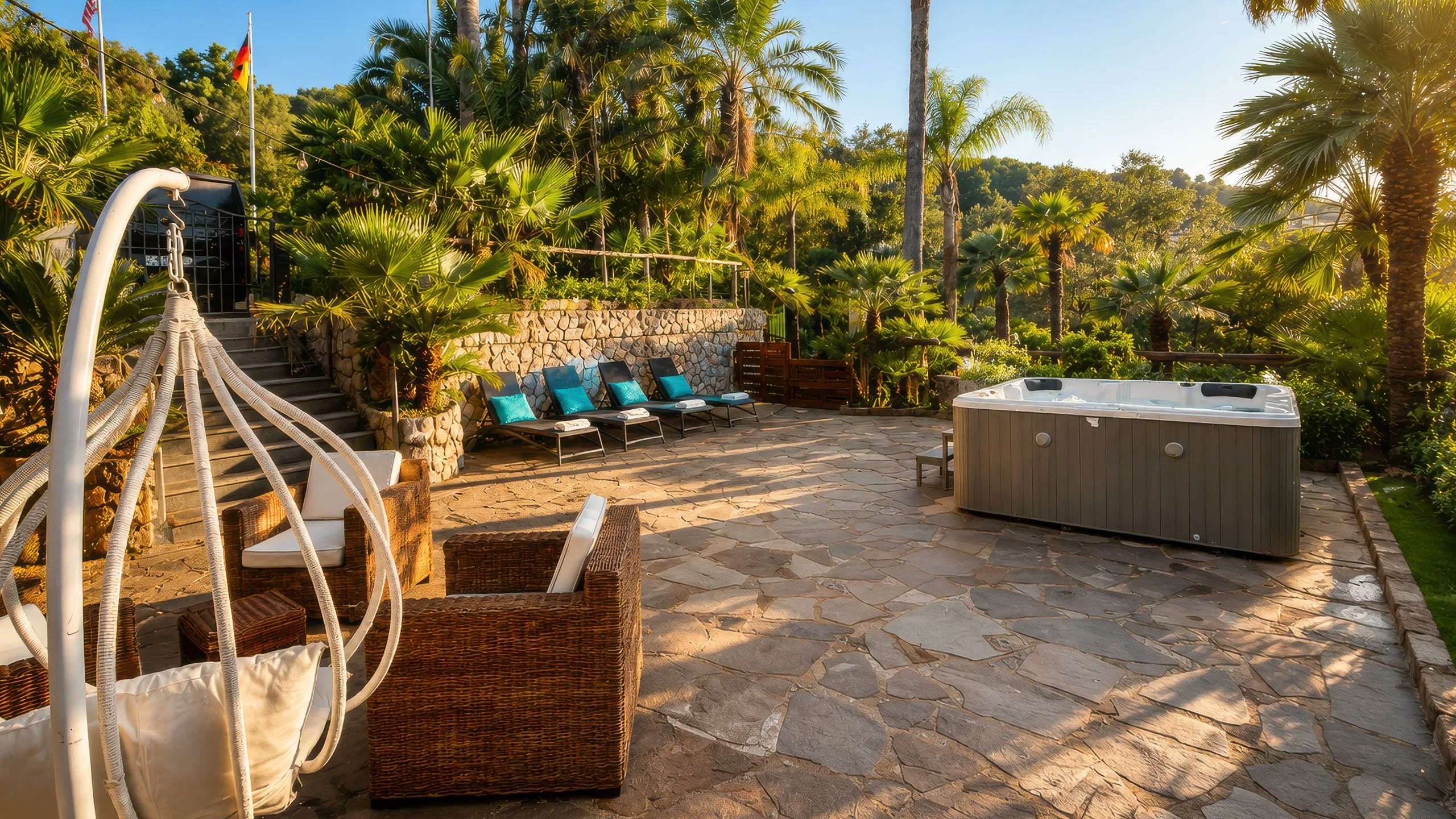 Un patio exterior con suelo de piedra, sillones de descanso, un jacuzzi y exuberante vegetación tropical.