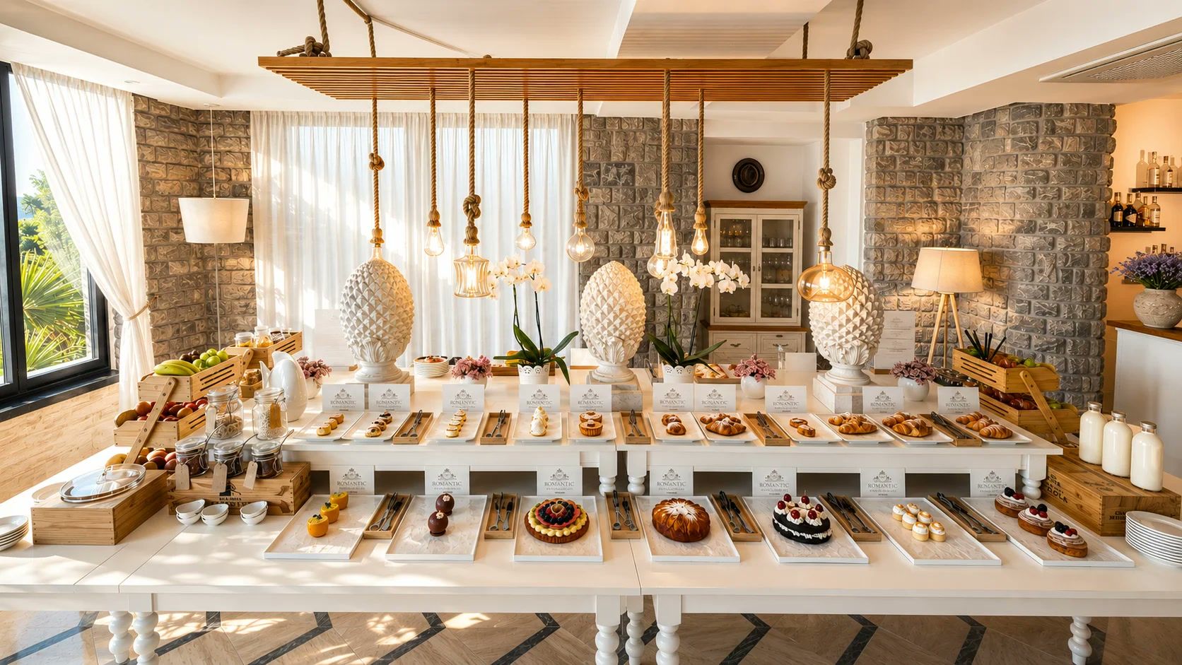 Disposição de buffet com diversos alimentos e parede de pedra ao fundo.